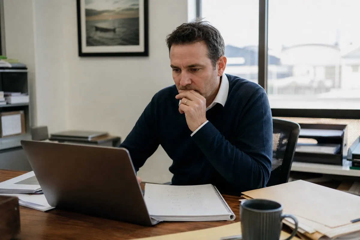 An Australian accountant comparing practice management software options on a laptop at a desk.