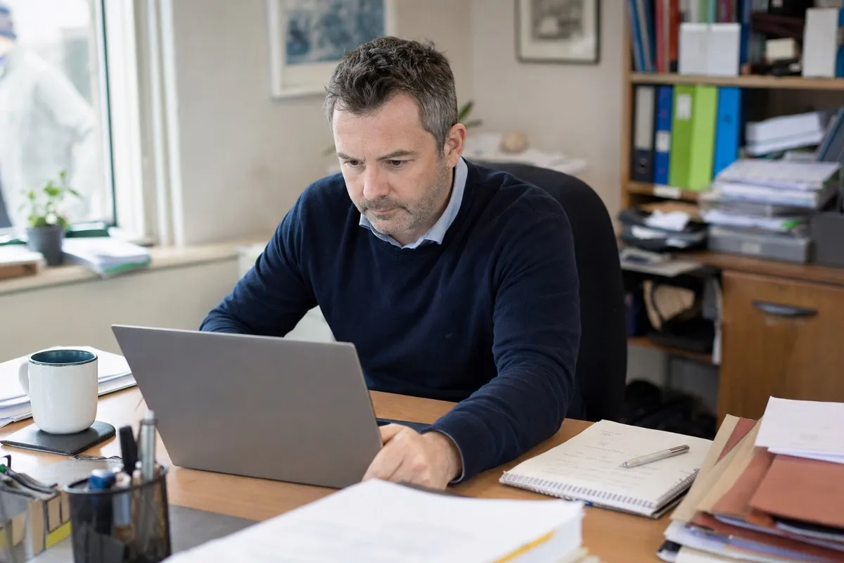 An accountant comparing practice management software options on a laptop at a desk.