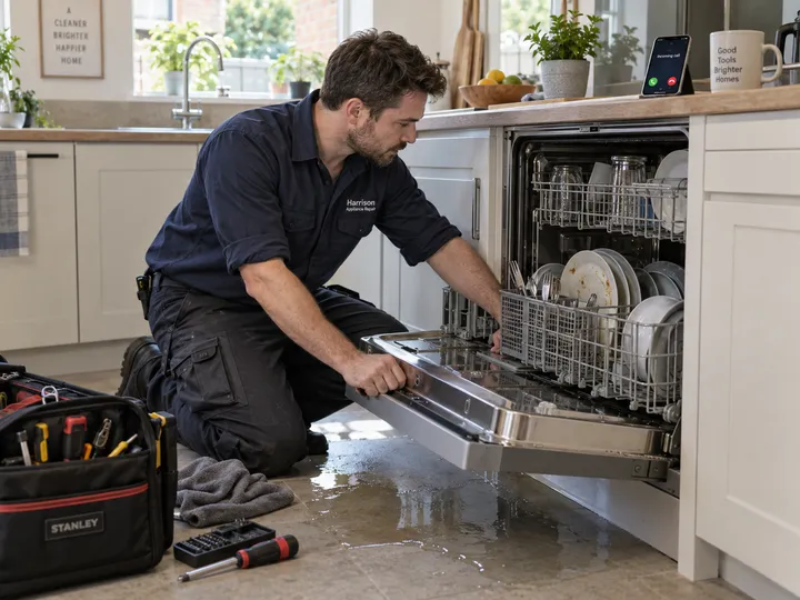 Appliance repair technician unable to answer phone while repairing dishwasher