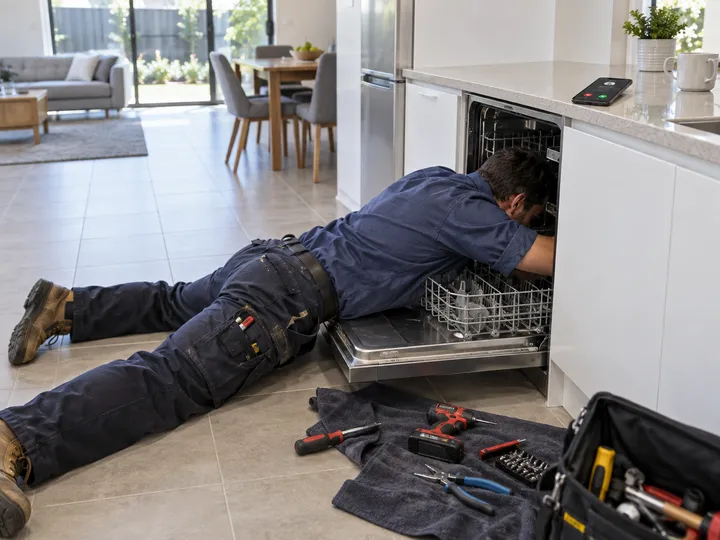 Appliance repair technician unable to answer phone while repairing dishwasher