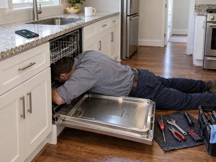 Appliance repair technician unable to answer phone while repairing dishwasher
