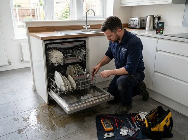 Appliance repair technician unable to answer phone while repairing dishwasher