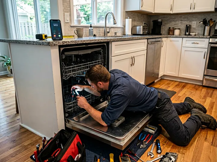 Appliance repair technician unable to answer phone while repairing dishwasher