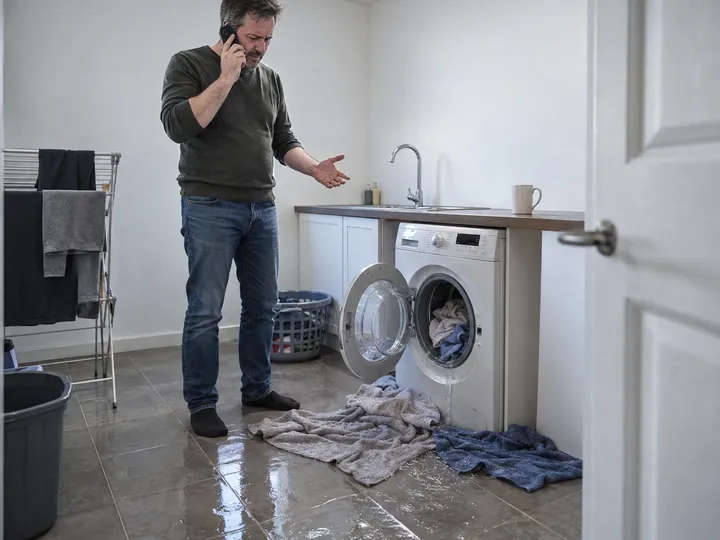 Customer calling about a washing machine flooding the laundry