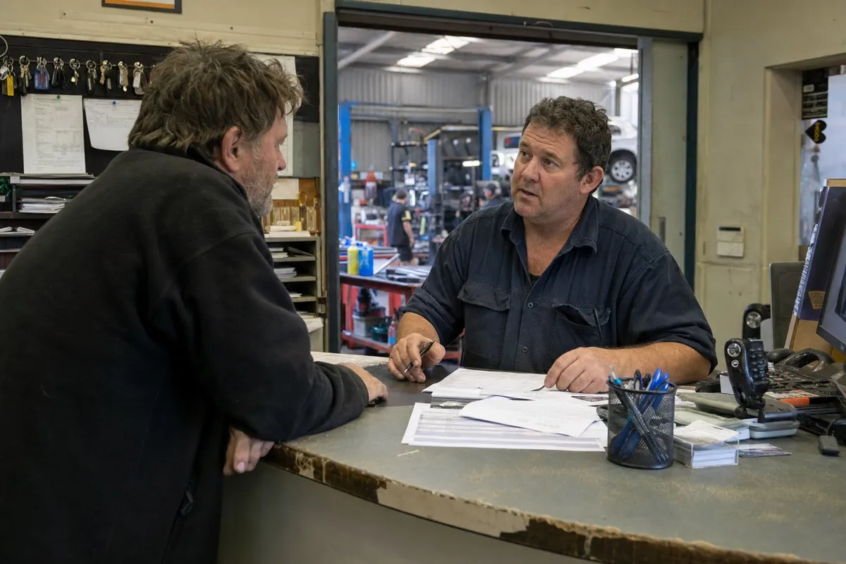A service advisor talking to a customer at the front counter of a busy New Zealand auto repair shop
