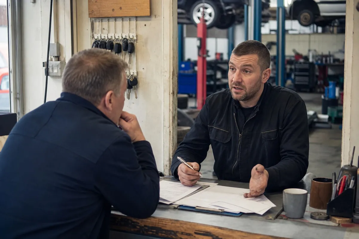 A service advisor talking to a customer at the front counter of a busy auto repair shop