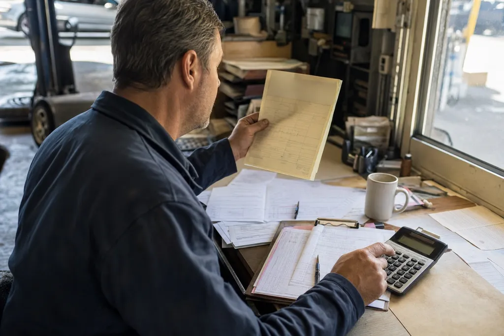An auto repair shop owner reviewing invoices and labor hours at a desk in the shop office