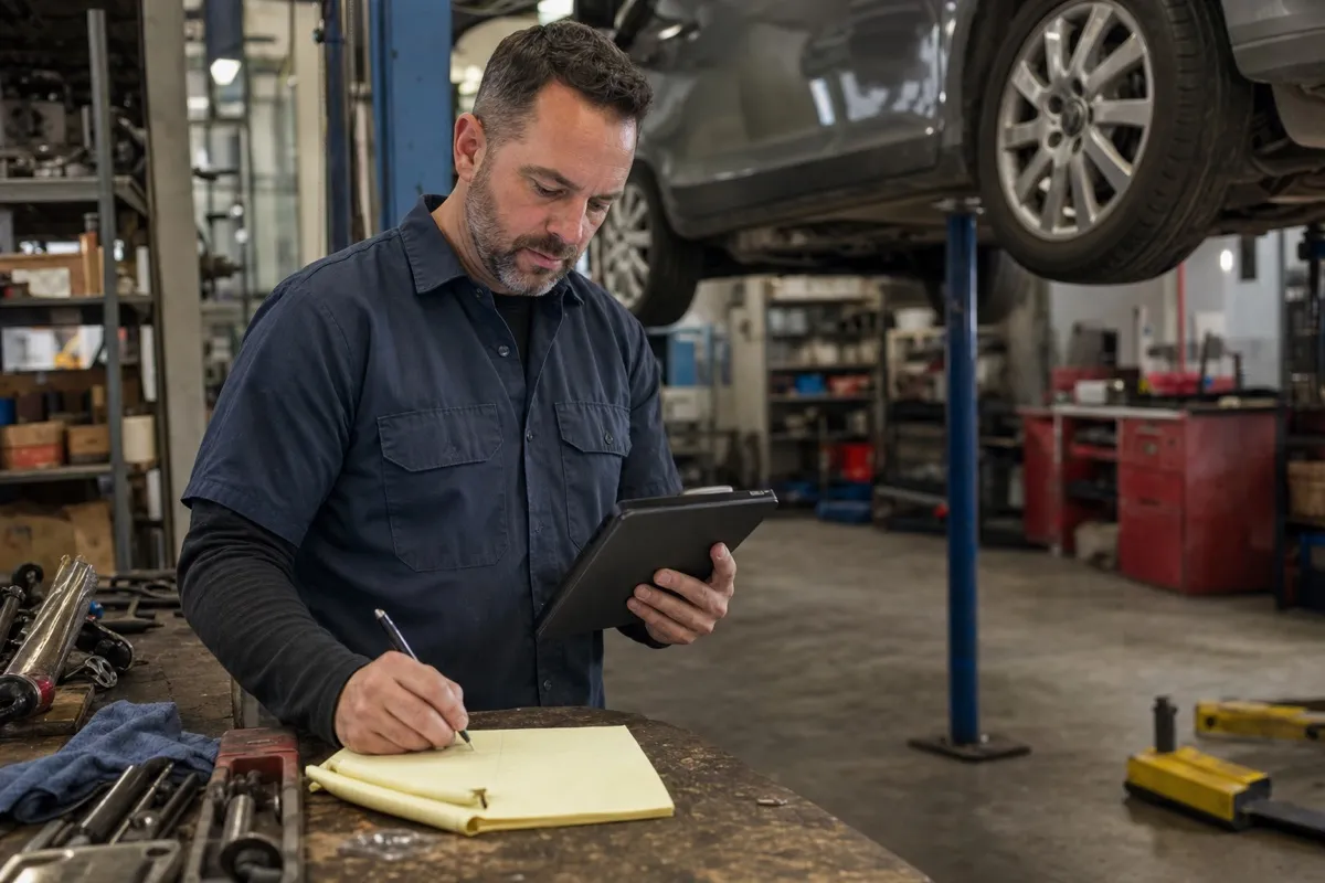 A US auto repair shop owner working out the shop labor rate on a tablet beside a lifted car