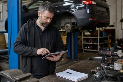An auto repair shop owner working out the shop labor rate on a tablet beside a lifted car