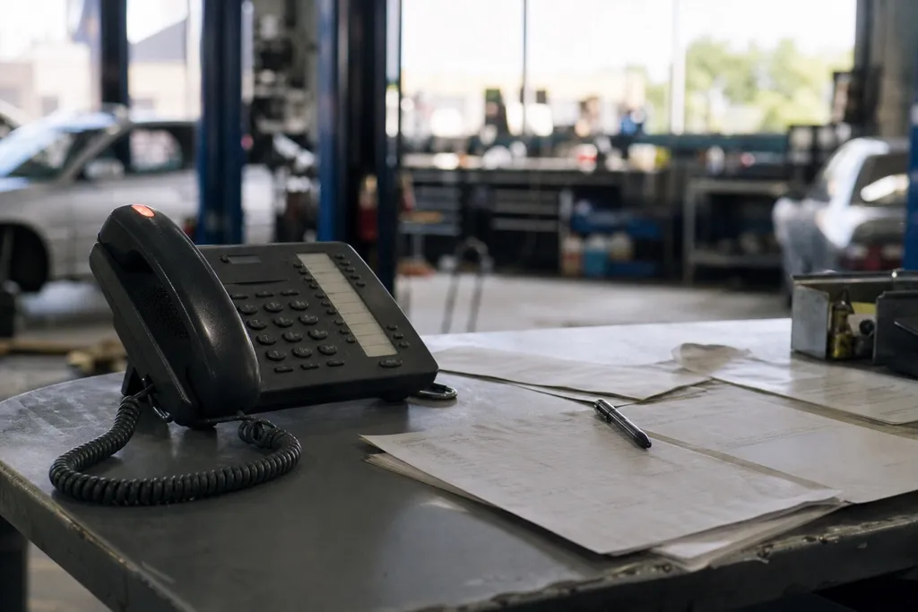 A phone ringing unanswered on the front desk of an auto repair shop while a mechanic works in the background