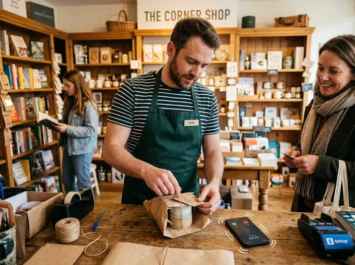 Business owner with hands full while AI handles incoming phone call