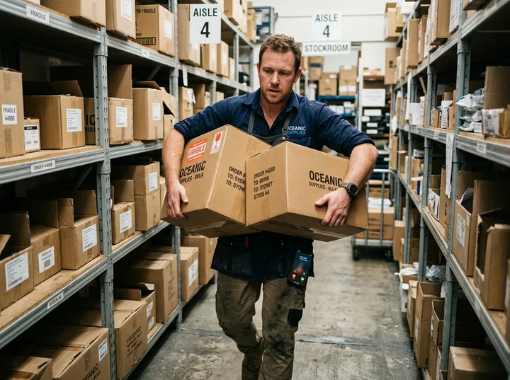 Business owner with hands full while AI handles incoming phone call