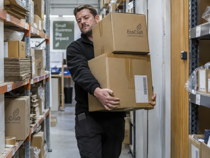 Business owner with hands full while AI handles incoming phone call