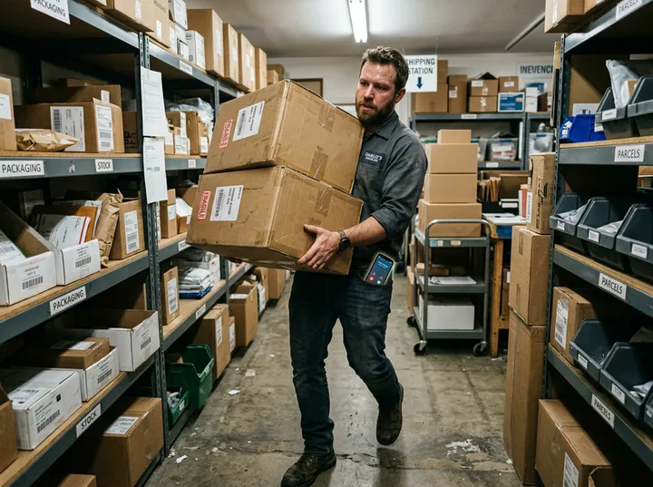 Business owner with hands full while AI handles incoming phone call