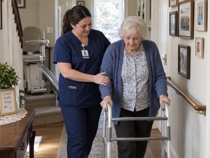 Home health aide assisting patient while AI handles incoming phone call