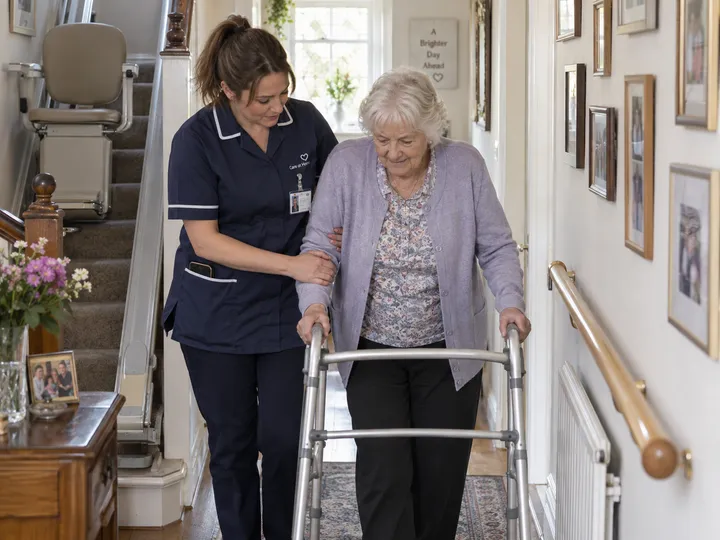 Support worker assisting client while AI handles incoming phone call