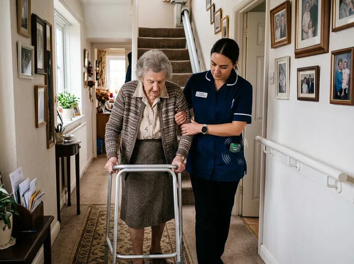 Support worker assisting client while AI handles incoming phone call
