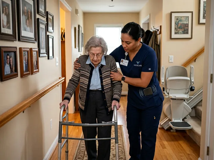 Home health aide assisting patient while AI handles incoming phone call