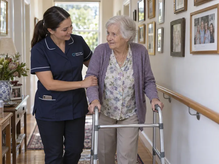 Support worker assisting client while AI handles incoming phone call