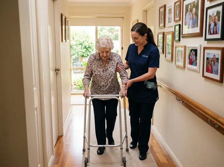 Support worker assisting client while AI handles incoming phone call