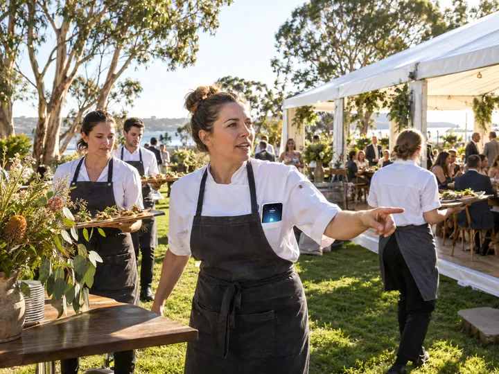 Caterer at event while AI handles incoming call