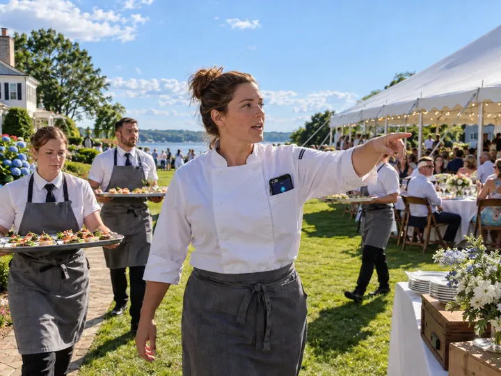 Caterer at event while AI handles incoming call
