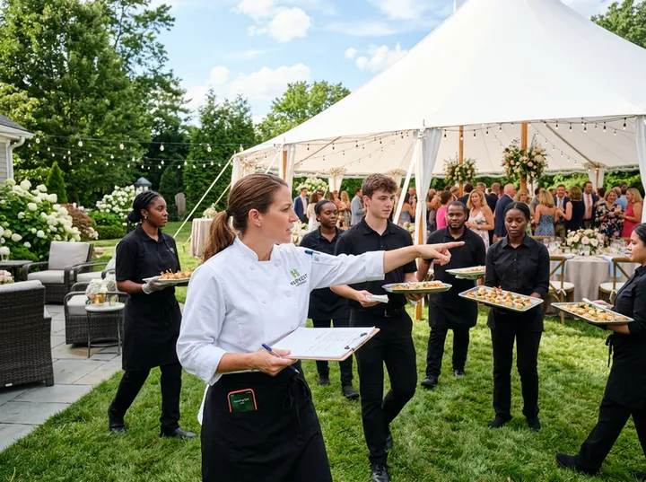 Caterer at event while AI handles incoming call