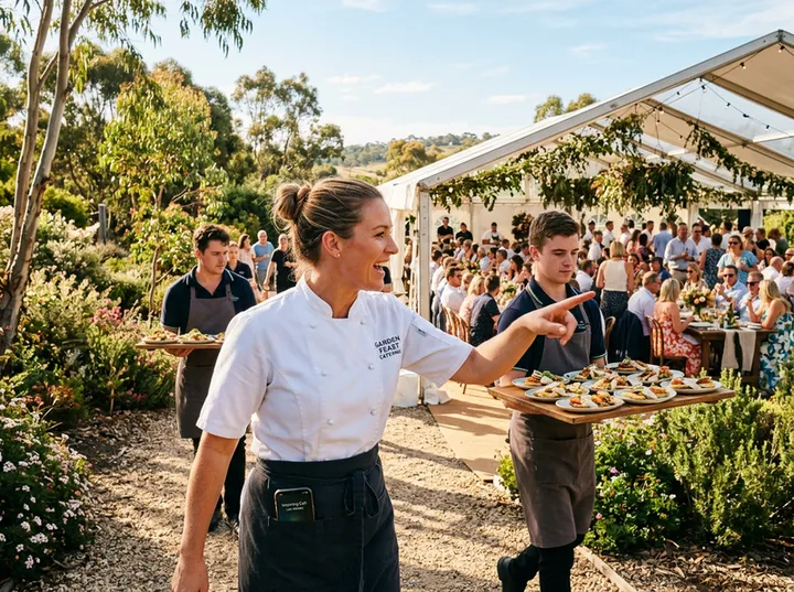 Caterer at event while AI handles incoming call