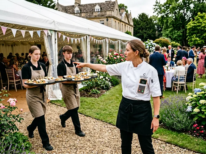 Caterer at event while AI handles incoming call
