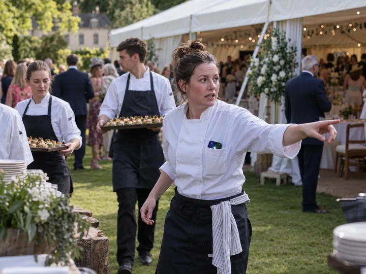 Caterer at event while AI handles incoming call