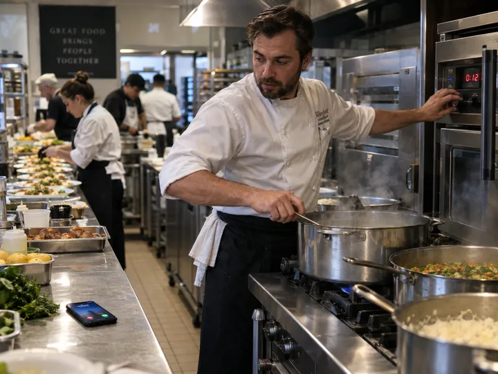 Caterer unable to answer phone during busy kitchen prep