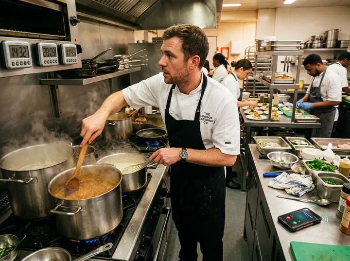 Caterer unable to answer phone during busy kitchen prep