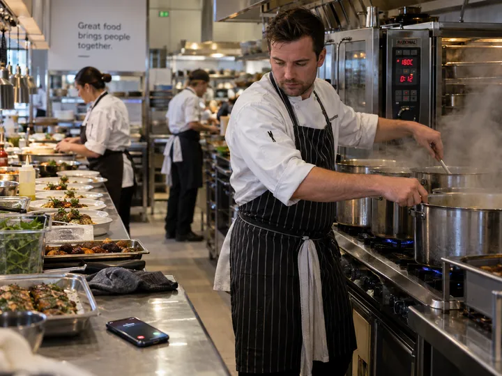Caterer unable to answer phone during busy kitchen prep