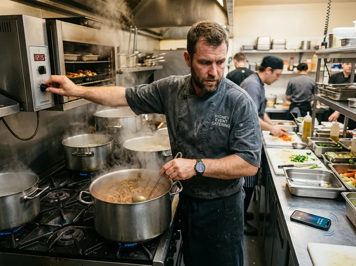 Caterer unable to answer phone during busy kitchen prep