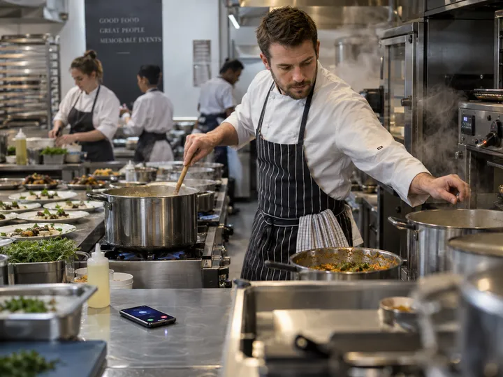 Caterer unable to answer phone during busy kitchen prep