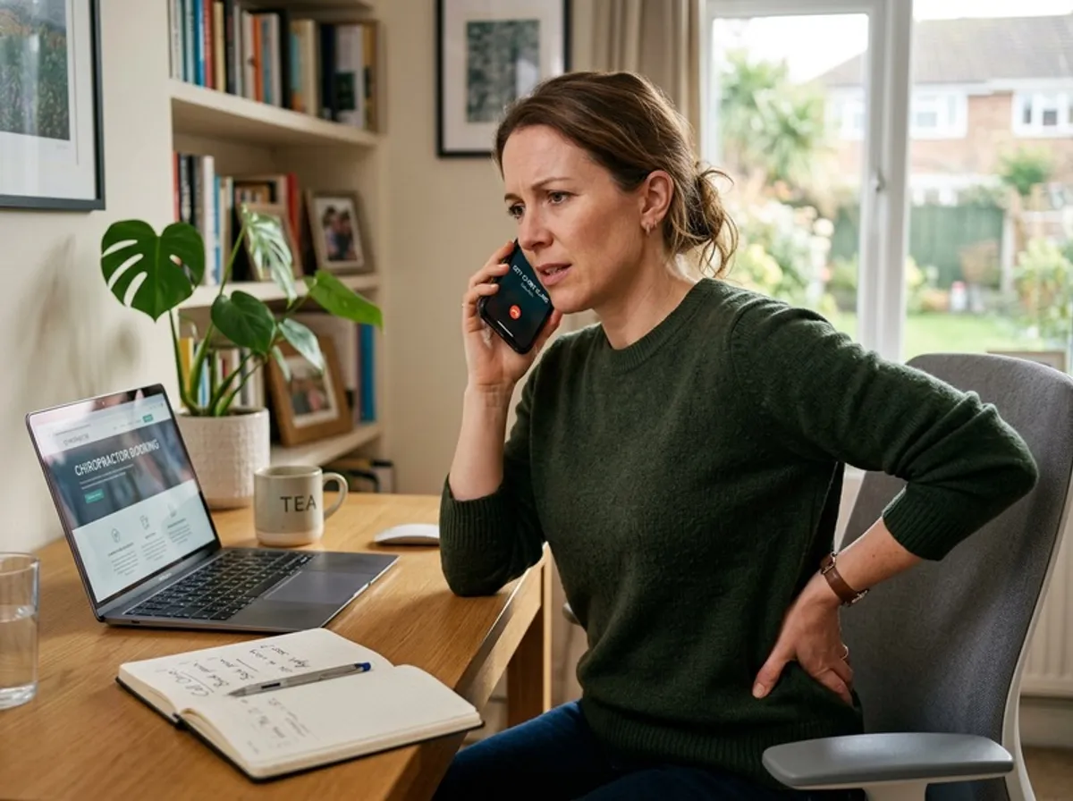 A chiropractic receptionist taking a new-patient booking on the phone at the front desk