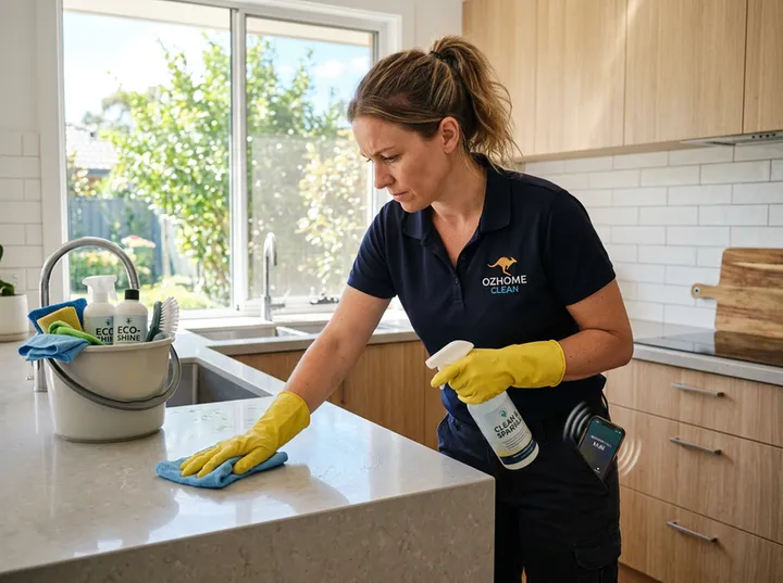 Cleaner scrubbing kitchen while AI handles incoming phone call