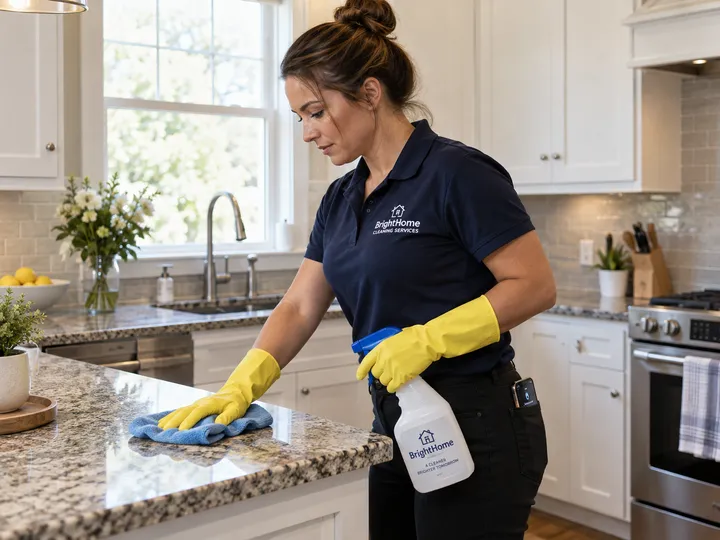 House cleaner scrubbing kitchen while AI handles incoming phone call