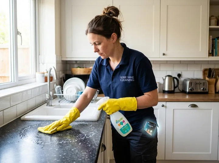 Cleaner scrubbing kitchen while AI handles incoming phone call