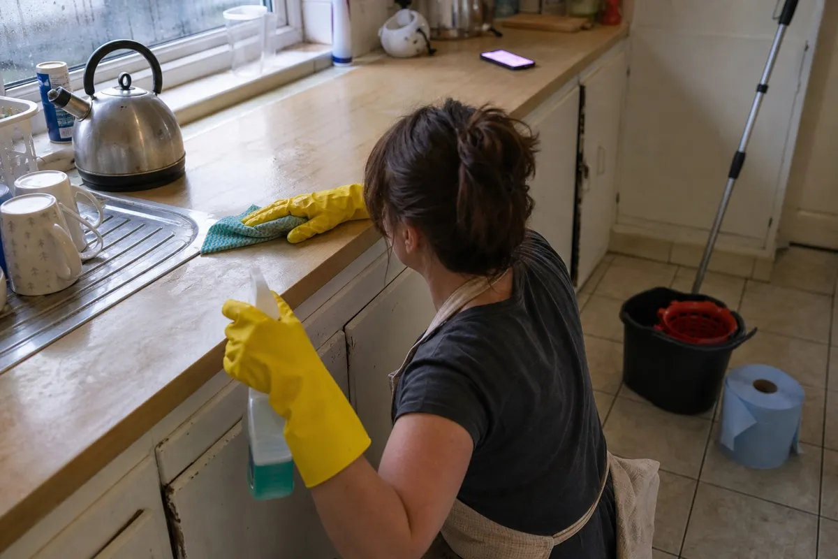 A cleaner in rubber gloves wiping down a kitchen worktop while a phone lights up unanswered nearby