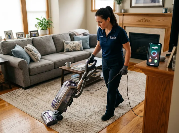 House cleaner unable to answer phone while vacuuming a living room
