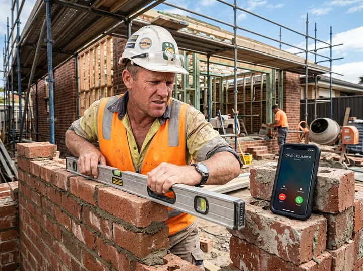Builder unable to answer phone while working on a construction site