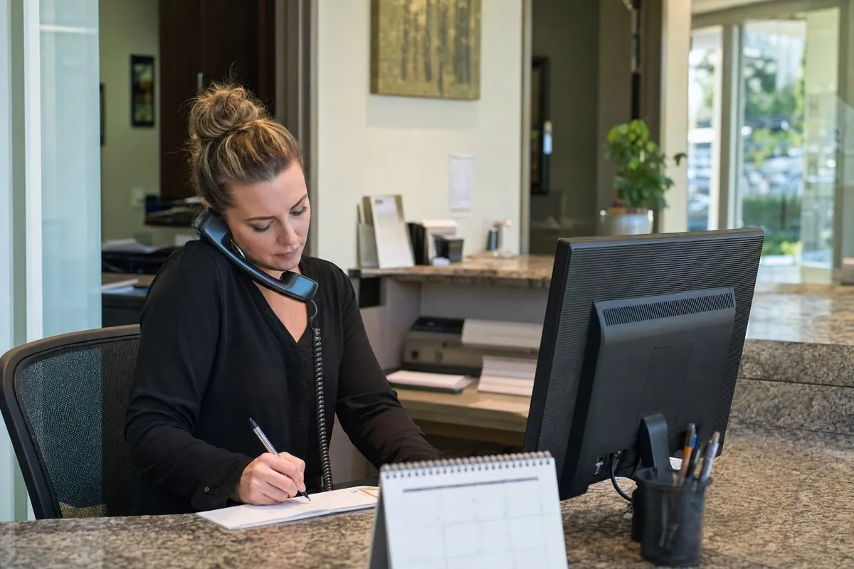 A dental receptionist taking an appointment booking over the phone at the front desk.
