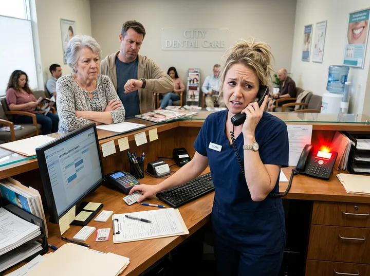 Overwhelmed dental office front desk unable to answer ringing phone while helping patients