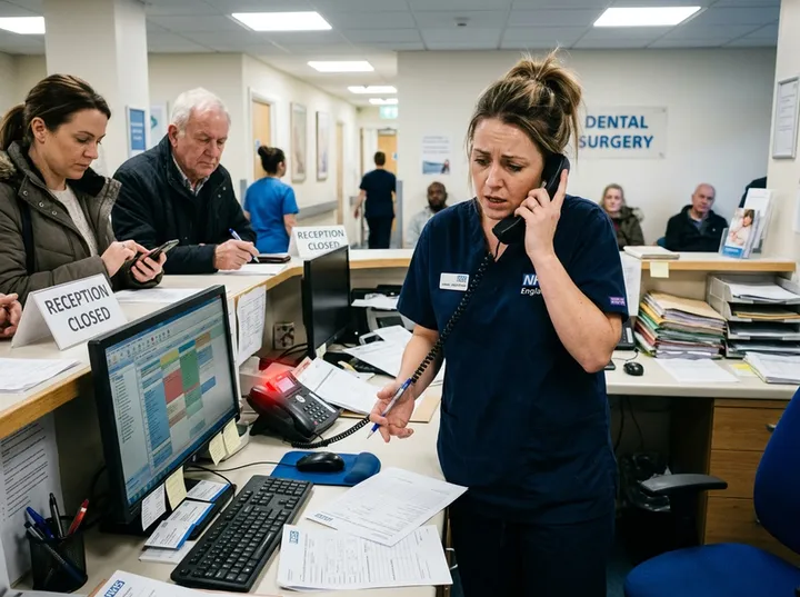 Overwhelmed dental receptionist unable to answer ringing phone while helping patients