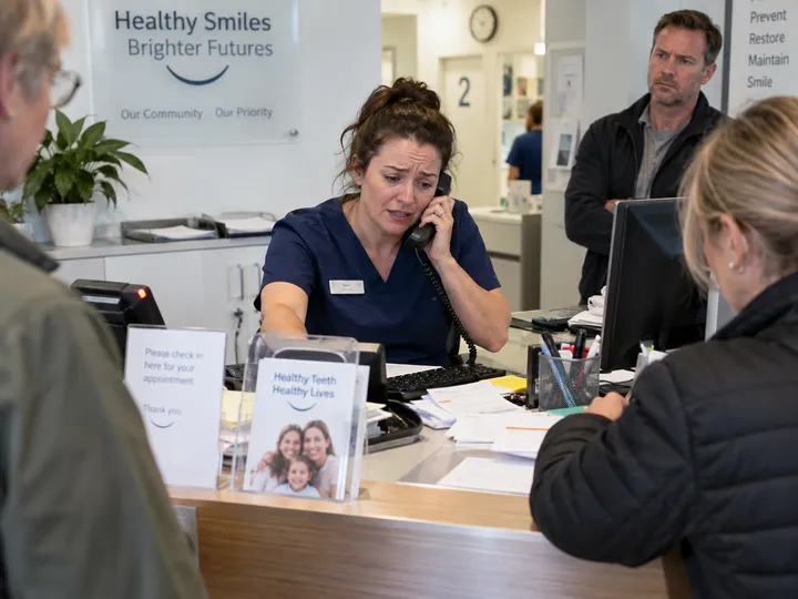 Overwhelmed dental surgery receptionist unable to answer ringing phone while helping patients
