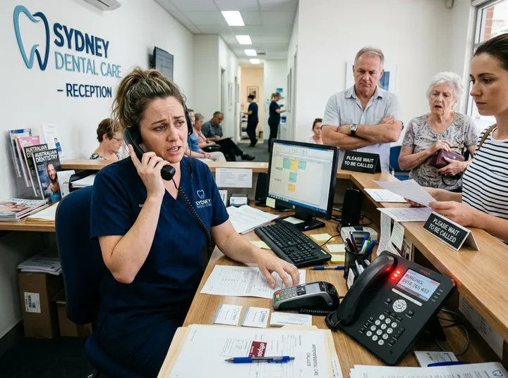 Overwhelmed dental clinic receptionist unable to answer ringing phone while helping patients