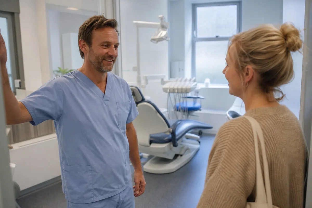 A dentist welcoming a new patient into a bright treatment room.