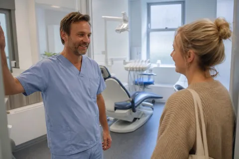 A dentist welcoming a new patient into a bright treatment room.