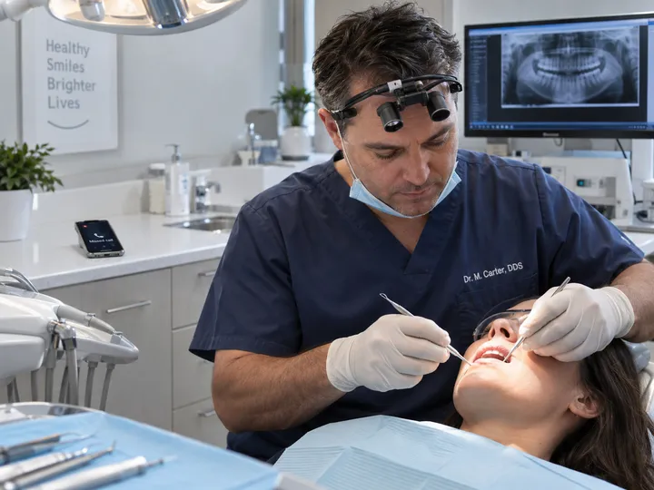 Dentist treating patient while AI receptionist handles incoming phone calls